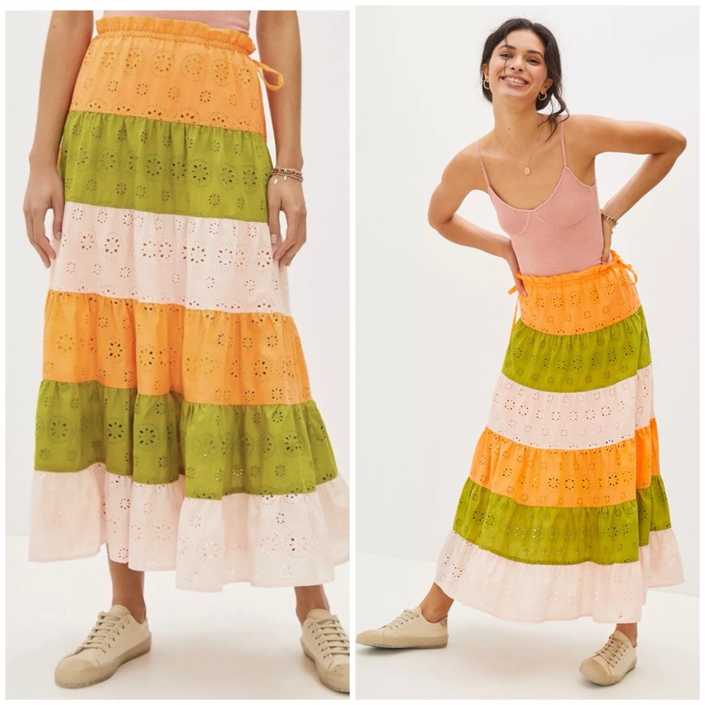 💋Anthropologie Hitch eyelet Orange, Green, and Cream Maxi Skirt size XS - Picture 3 of 11